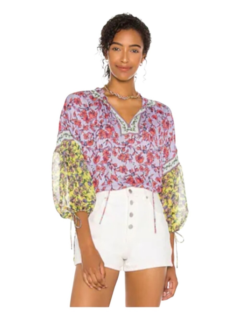 Alice + Olivia Womens Ditsy Border Lavender Multi Blouson Sleeve Tunic Top Small